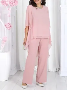 Elegant women's dusty pink two-piece chiffon set featuring a loose layered top and pants