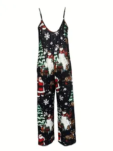 Detailansicht eines schwarzen Damen-Jumpsuits mit festlichen Weihnachts-Prints