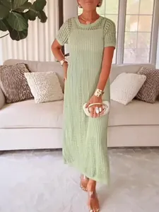 Elegant mint green round neck hollow-out knit midi dress 2-piece set for women fashion