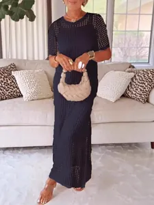 Elegant navy blue hollow knit two-piece maxi dress with short sleeves for stylish women