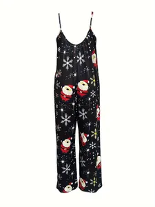 Detailansicht des festlichen Weihnachtsdruck-Overalls mit Spaghettiträgern in Schwarz