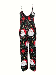 Festlicher Damen-Einteiler mit Camisole-Trägern und lebendigem Weihnachtsmann-Druck