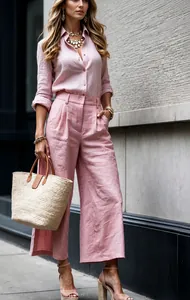 Set camicia in lino rosa e pantaloni a gamba larga per un elegante stile quotidiano.