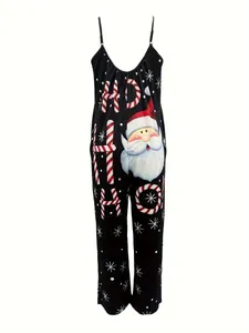 Detailansicht eines Weihnachts-Jumpsuits für Damen mit Weihnachtsmann und HO HO HO Print