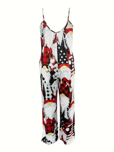 Detailansicht des festlichen Weihnachts-Wichtel-Prints auf dem Damen-Jumpsuit.