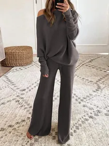 Set lounge due pezzi in maglia a nido d'ape antracite con top a pipistrello e pantaloni