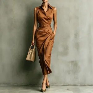 Detail showing elegant brown sleeveless asymmetric shirt dress with pleated waist