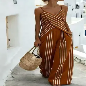 Chic summer striped two-piece set featuring V-neck camisole and wide leg trousers