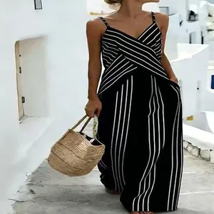Detail view of the striped holiday two-piece set featuring a V-neck and wide-leg design