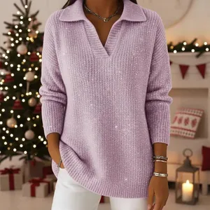 Maglione in maglia lavanda scintillante con scollo a V per l'abbigliamento festivo.