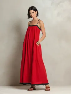Women Retro Contrast Binding Tiered Maxi Dress Sling Sleeveless Tiered Cake Dress With Side Pockets Summer Beach Vacation Dress