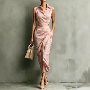 Full view of an elegant pink sleeveless wrap shirt dress with draped waist pleats.