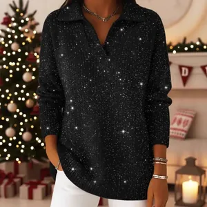 Elegante maglione polo nero glitterato a maniche lunghe per le feste natalizie festive