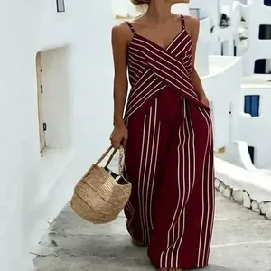 Elegant burgundy and white striped V-neck wide-leg jumpsuit set for summer vacation style