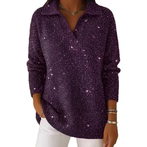 Elegante maglione in maglia a maniche lunghe viola glitterato con scollo a V donna