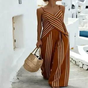 Vacation-style striped V-neck camisole and wide-leg pants set for women