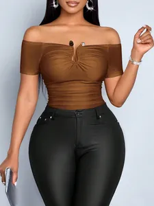 Chic brown off-the-shoulder ruched slim fit top featuring a stylish metal buckle