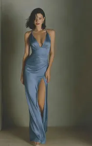Elegant dusty blue acetate satin halter maxi dress featuring a high slit and deep V-neck.