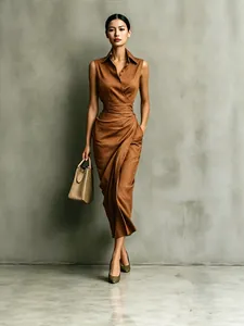 Elegant Sleeveless Polyester Shirt Dress Women Summer Slim Fit Asymmetric Draped Waist Button Down Commuter Midi Dress