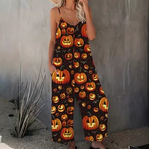 Stylish Halloween jumpsuit featuring a funny pumpkin print and a sleeveless cami design.