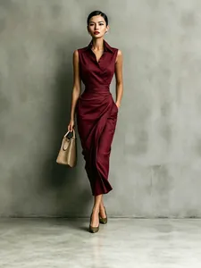 Elegant burgundy sleeveless shirt dress with asymmetrical wrap design for women