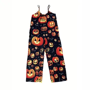 Halloween sleeveless jumpsuit featuring vibrant Jack-o'-lantern pumpkin and bat prints