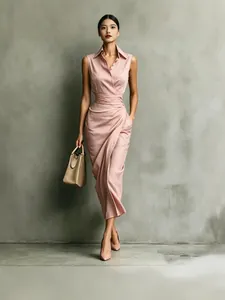 Elegant dusty pink sleeveless asymmetric wrap shirt dress for summer commuting
