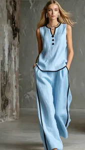 Light blue sleeveless V-neck top and wide-leg trousers set with black contrast trim