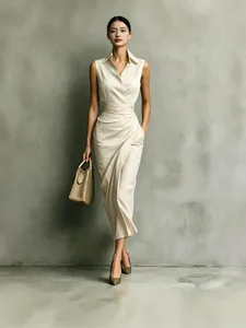 Elegant sleeveless asymmetric shirt dress for summer commute in beige ivory tones