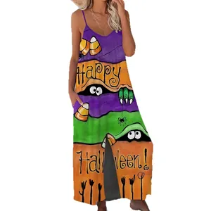 Sleeveless Halloween print slip jumpsuit featuring vibrant Happy Halloween graphic print