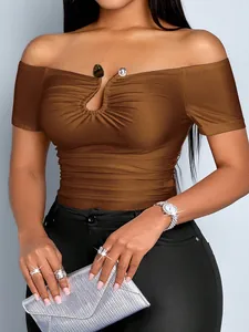 Women Sexy Off-shoulder Ruched Short Sleeve Top Polyester Slim Fit T-Shirt With Metal Buckle Ruched Party Clubwear Tee