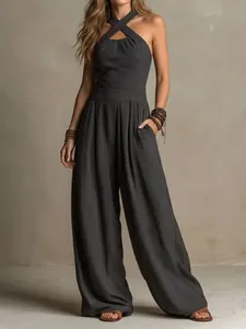 Women's Elegant Halter Neck Knitted Jumpsuit Hollow Out Sleeveless Wide Leg Pants Fashion High Waist Summer Top And Bottom