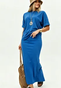 European style two-piece casual set featuring a blue loose top and long maxi skirt