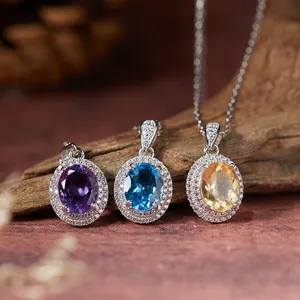 Collar con Colgante de Plata de Ley S925 con Amatista Natural Topacio Azul Citrino para Mujer Joyas con Strass Ovalado Halo