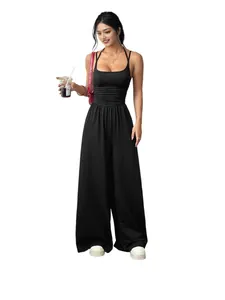Summer casual black spaghetti strap wide-leg jumpsuit with ruched waist and loose fit