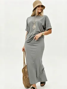 Women Casual Short Sleeve T-Shirt And Maxi Skirt Top And Bottom Solid Color Relaxed Fit Knitted Loungewear Summer Vacation Outfit