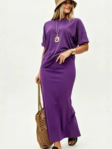 Women's chic purple casual two-piece set with loose t-shirt and elegant maxi skirt