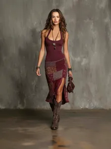 Modern 3D digital print patchwork slim-fit halter dress for a stylish boho look