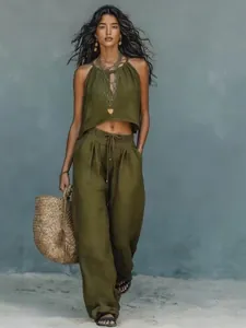 Conjunto bohemio de dos piezas para mujer con top halter y pantalón ancho verde