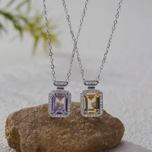 Emerald Cut Square Natural Gemstone Pendant Necklace 925 Sterling Silver Chain Elegant Topaz Amethyst Citrine Jewelry Gift