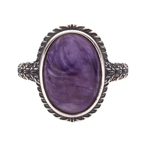 Anillo ajustable de plata S925 estilo vintage con piedra ovalada púrpura y grabados