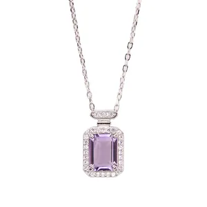 S925 silver necklace with rectangular purple gemstone in perfume bottle design