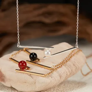 S925 silver geometric bar necklace featuring natural pearl and colored agate pendants