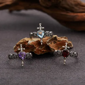 925 Sterling Silver Vintage Gothic Cross Heart Natural Gemstone Open Ring Rose Embossed Adjustable Retro Jewelry For Women