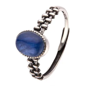 Vintage S925 sterling silver ring with oval blue kyanite and braided band texture