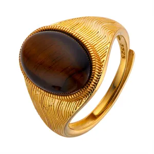 Anello regolabile in argento sterling S925 vintage con pietra occhio di tigre marrone