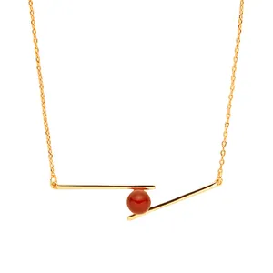 Elegant S925 sterling silver geometric bar pendant necklace with red agate stone bead