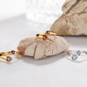 Anello Aperto a Cuore in Argento Sterling S925 Con Ametista Naturale Granato Topazio per Donna Gioielli in Pietre Preziose Regolabili Placcati Oro Argento