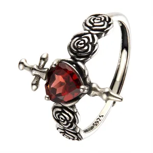 Vintage S925 sterling silver heart garnet ring featuring gothic cross and rose details
