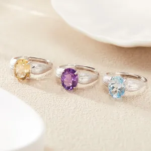 Anello in Argento Sterling S925 Topazio Naturale Ametista Citrino Texture Foglia Anello Aperto Regolabile per Donna Gioielli Eleganti